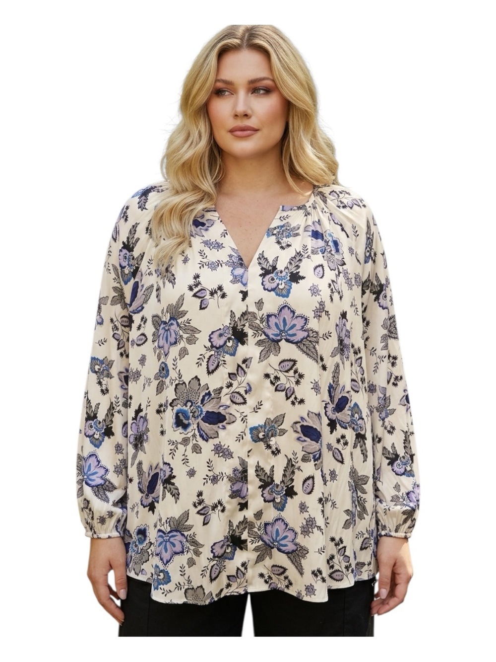 Plus Size 18/20 Lane Bryant White Floral Pleated Dress with Blue and Black Print